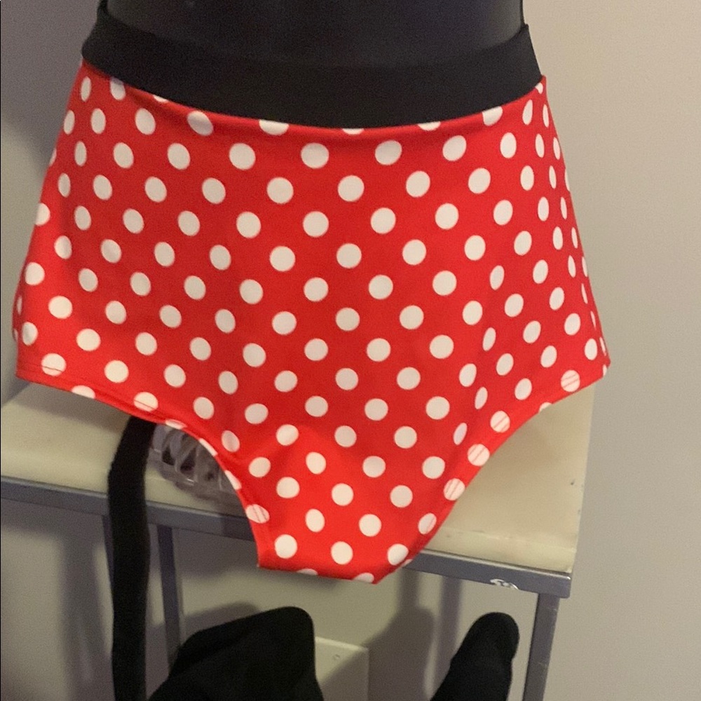 Red Polka Dot bottom with Black Mouse Ears Headband and tale